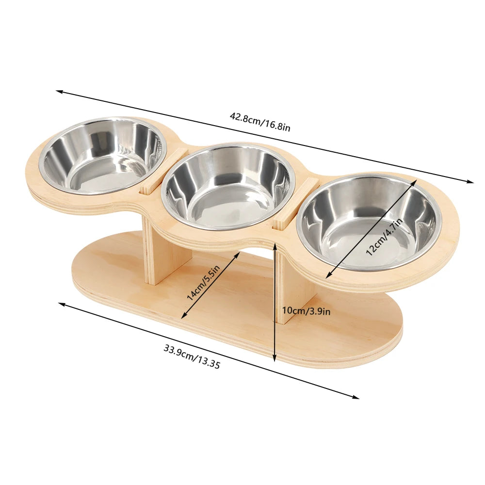 Cat 3 Bowls in 1 Feeder Feeding & Watering Supplies Food Bowl 15-Degree Tilt Raised Puppy 3 Stainless Steel Bowls Wood Brackets