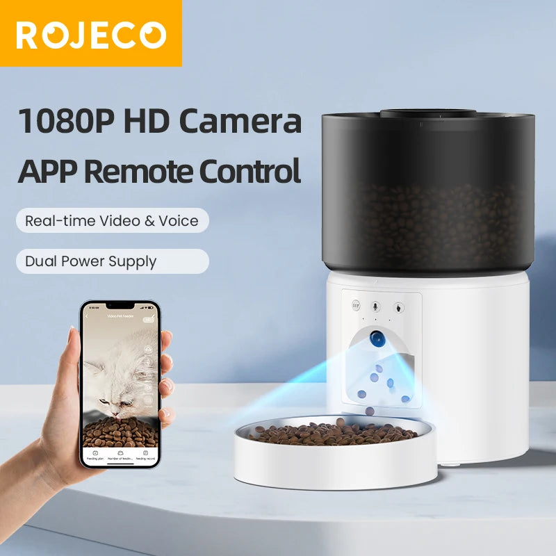 ROJECO Automatic Dog Feeder With Camera Video Pet Food Dispenser Smart APP Remote Control Auto Feeder For Kitten Cat Accessories