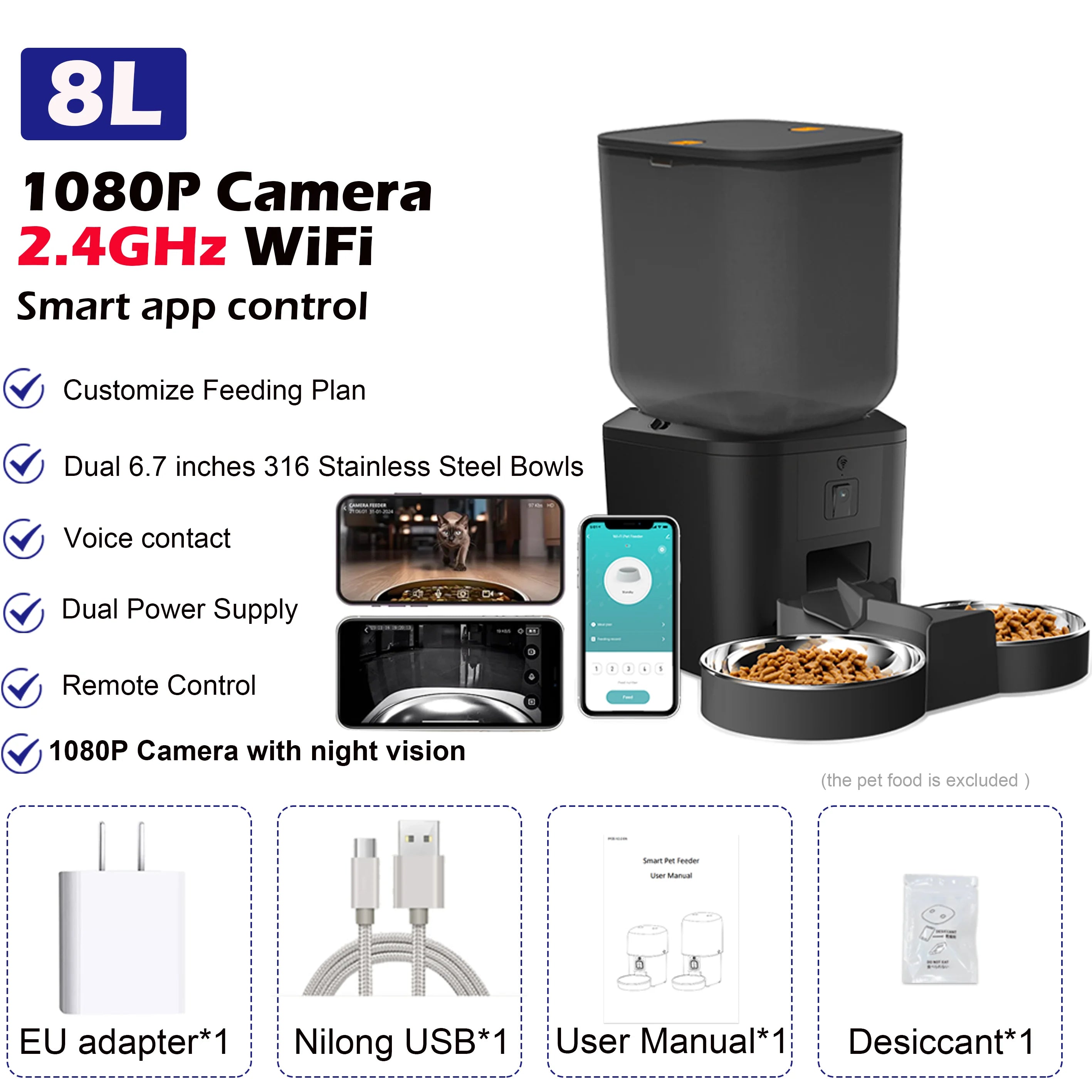 8L Automatic Cat Feeder With 1080p Camera Video 5G WiFi Cat Food Dispenser Pet Smart Voice Recorder Tuya APP Pet Auto Feeder