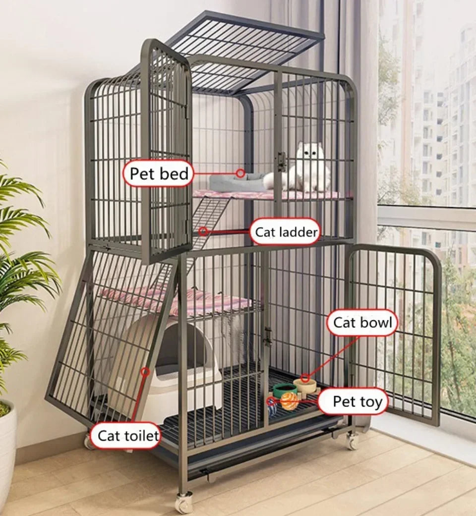 Iron Mesh Cat Cages Duplex Luxury Large Space Dogs House Metal Dog Crate with Door Double Layer Luxury Climbing Frame Pet Cage
