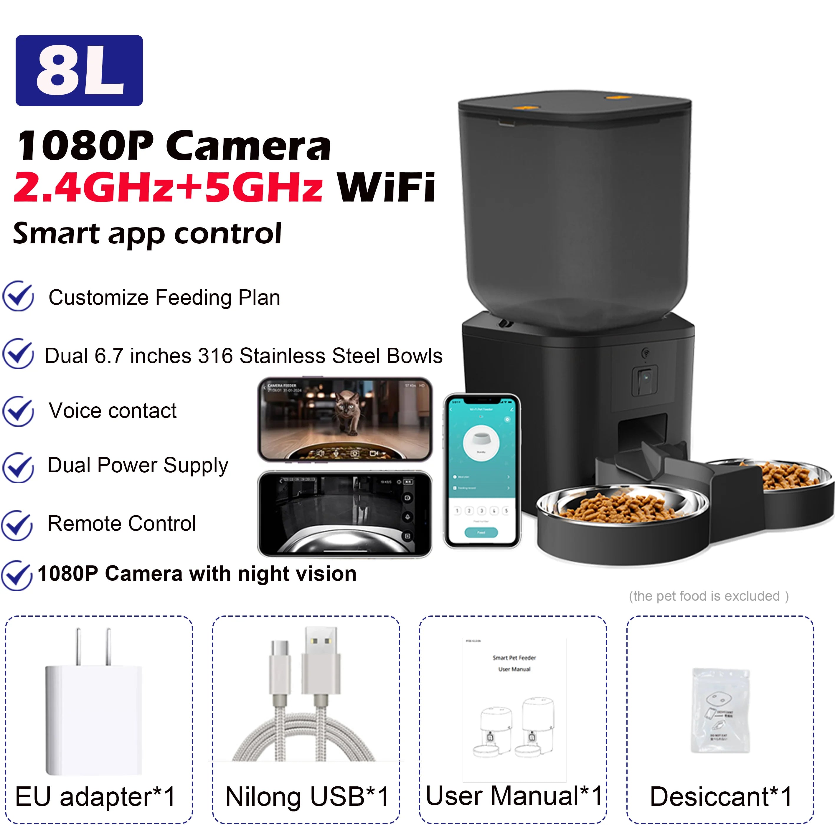8L Automatic Cat Feeder With 1080p Camera Video 5G WiFi Cat Food Dispenser Pet Smart Voice Recorder Tuya APP Pet Auto Feeder