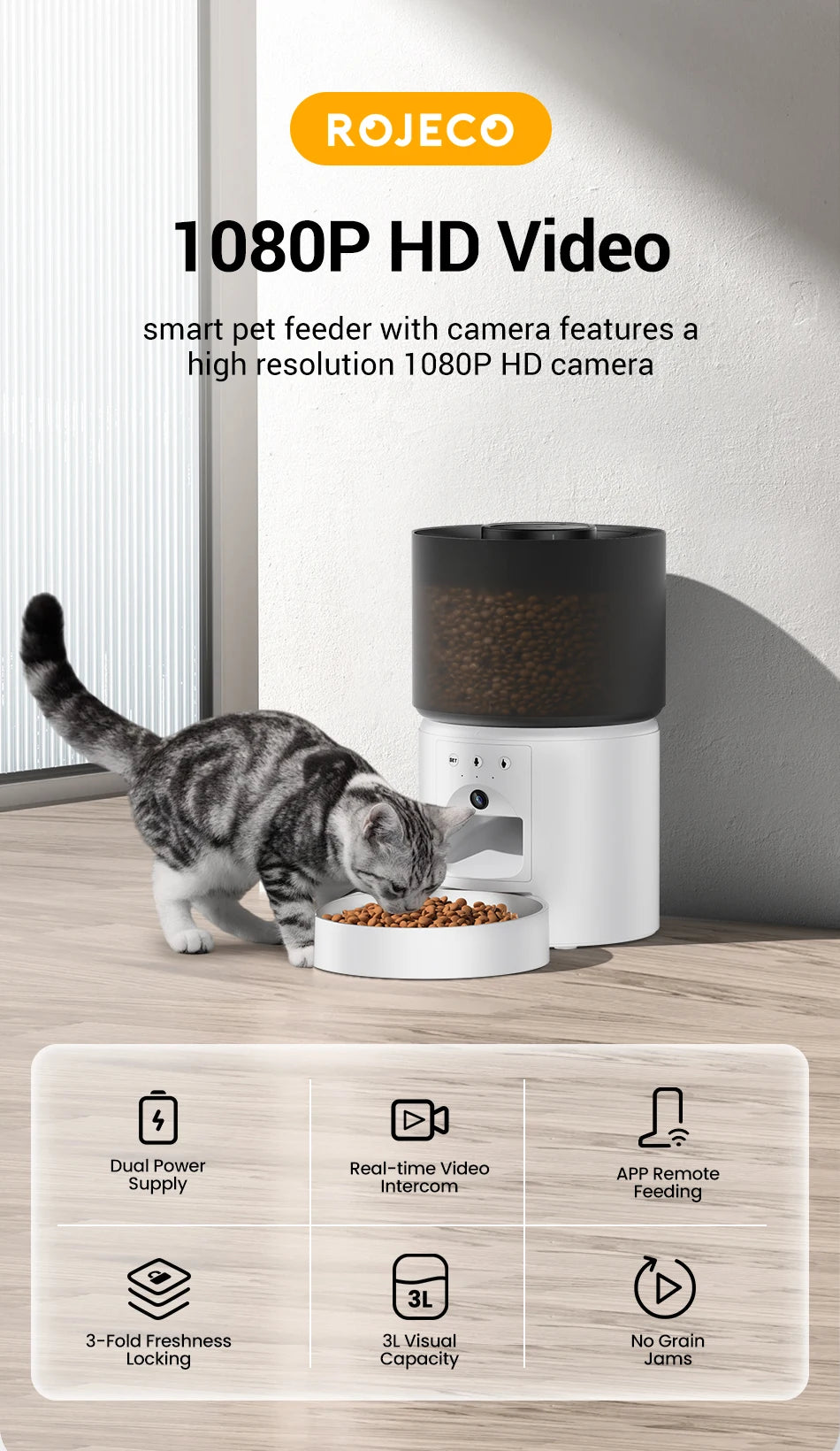 ROJECO Automatic Dog Feeder With Camera Video Pet Food Dispenser Smart APP Remote Control Auto Feeder For Kitten Cat Accessories