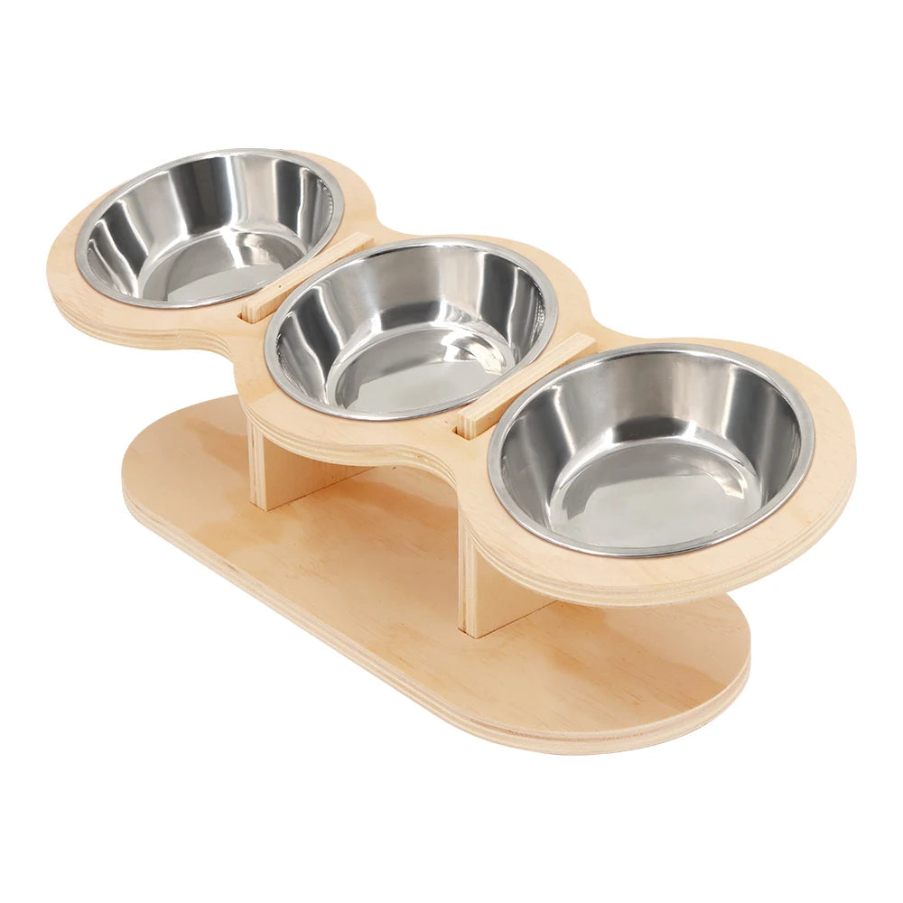 Cat 3 Bowls in 1 Feeder Feeding & Watering Supplies Food Bowl 15-Degree Tilt Raised Puppy 3 Stainless Steel Bowls Wood Brackets