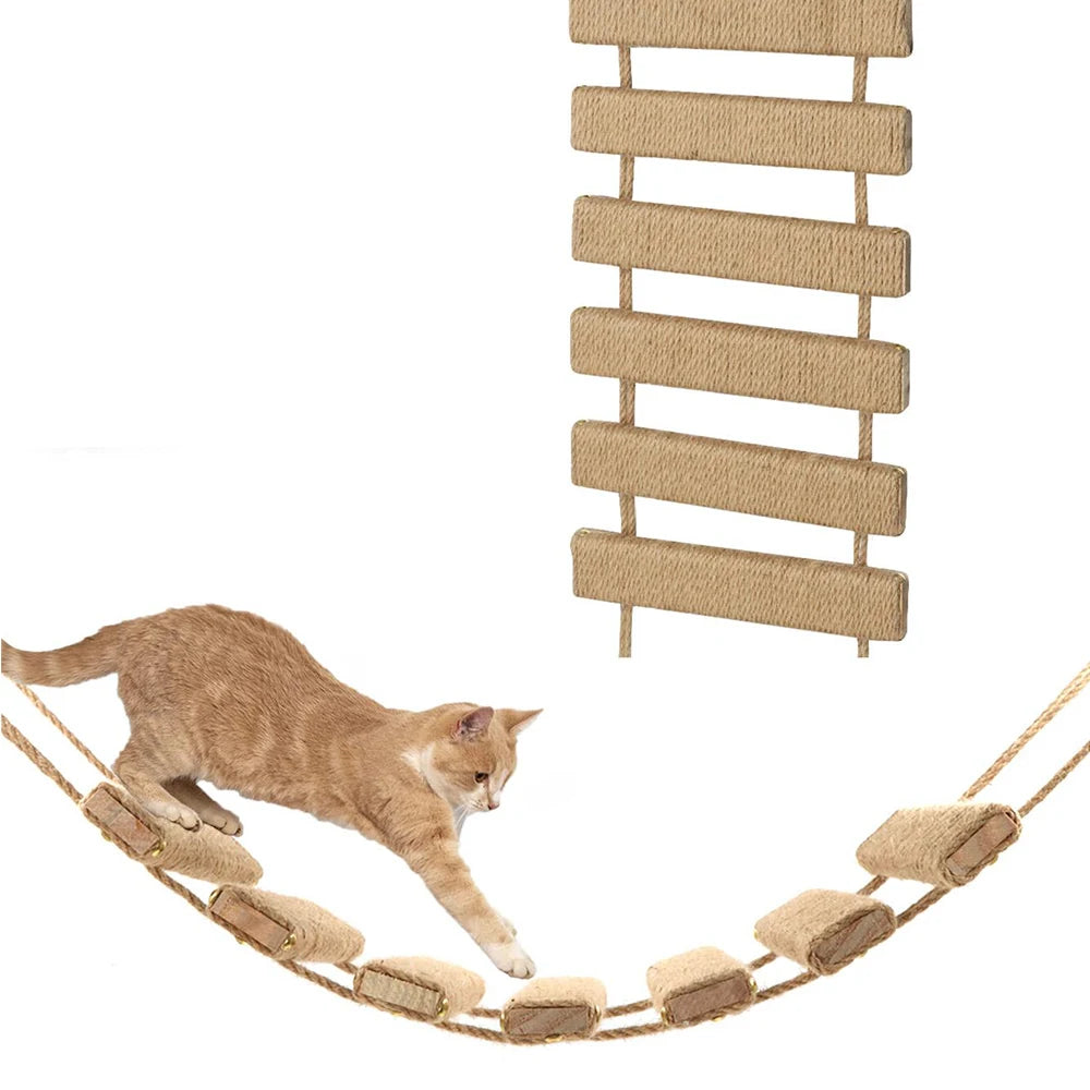 39.4" Cat Bridge for Cage Sisal Rope Ladder Wooden Pet Furniture Kitten Step Scratcher Toys Scratching Post Tree Cat Accessories