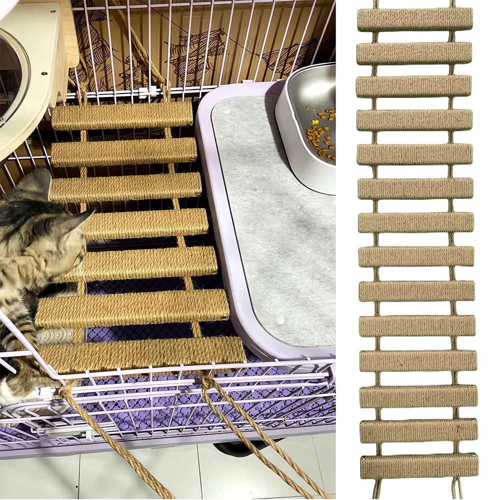 39.4" Cat Bridge for Cage Sisal Rope Ladder Wooden Pet Furniture Kitten Step Scratcher Toys Scratching Post Tree Cat Accessories